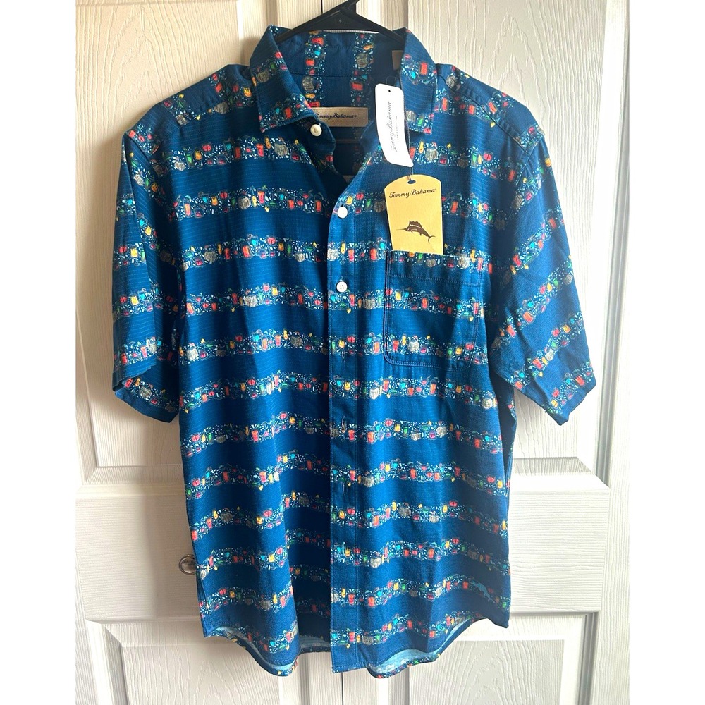 Tommy Bahama Tropical Drinks Men's S Short Sleeve Cotton Striped Pockets Blue